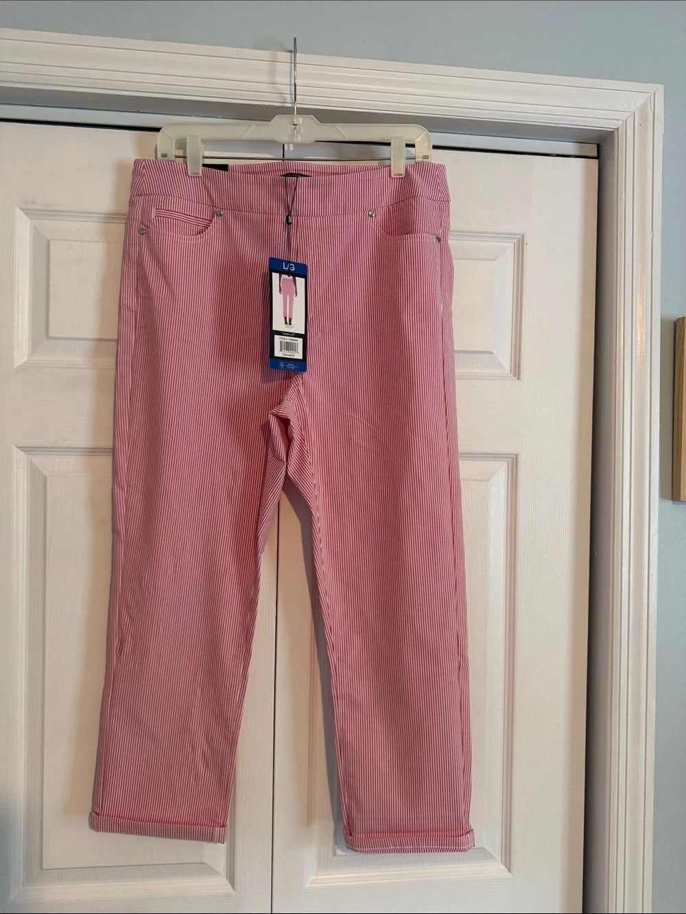 Mario Serrani Pink and White Striped Comfort Stretch Capris / NWT size L - Picture 1 of 4